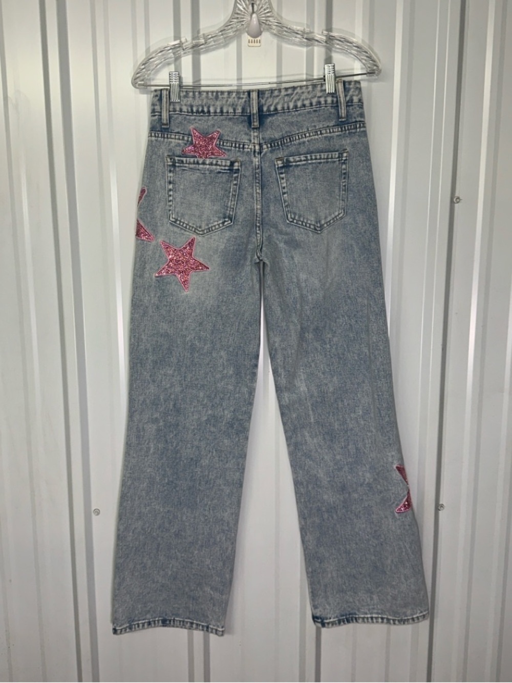 Y2K Barbiecore Pink Rhinestone Star Wide Leg Jeans Bedazzled Festival Glam